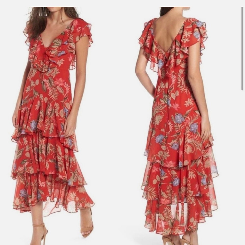 Wayf Red Floral High Low Dress